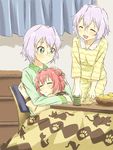  :d ^_^ akaza_akari animal_print cat closed_eyes cup curtains food fruit glasses green_eyes grey_hair hair_bun hair_intakes hug ikeda_chitose ikeda_chizuru indoors kotatsu mandarin_orange multiple_girls open_mouth pajamas parted_lips red_hair shikou_sakugo_(qqap9gt9k) sitting sleeping smile steam table yunomi yuru_yuri 