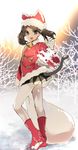  :3 :d animal_hat banned_artist bell bell_collar boots brown_eyes brown_hair cat_tail christmas collar full_body hat kantai_collection looking_at_viewer looking_back open_mouth red_footwear ryuujou_(kantai_collection) sack santa_costume santa_hat smile snow solo standing tail tetsubuta twintails white_legwear 