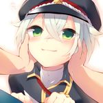  green_eyes hands_on_another's_cheeks hands_on_another's_face hat hotarumaru ikari_(aor3507) male_focus smile solo_focus touken_ranbu white_hair 
