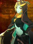  blue_skin breasts cloak forehead_jewel front_ponytail hair_between_breasts hair_ornament hand_on_hip hood large_breasts link_(wolf) long_skirt midna midna_(true) navel navel_cutout nose orange_hair red_eyes side_slit skirt smile solo_focus spoilers the_legend_of_zelda the_legend_of_zelda:_twilight_princess tiara ukata wolf yellow_sclera 