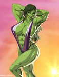  ;) abs adapted_costume armpits arms_behind_head breasts cleavage collaboration elee0228 green_eyes green_hair green_skin highres huge_breasts jennifer_walters lipstick long_hair makeup marvel mike_inel muscle muscular_female one_eye_closed purple_lipstick she-hulk sideboob slingshot_swimsuit smile solo swimsuit thick_thighs thighs 