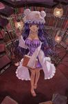  bare_legs book bookshelf breasts ceiling_light cleavage crescent crescent_hair_ornament double_bun dress eyewear_removed glasses hair_ornament hair_ribbon hat holding holding_eyewear kabaji library long_hair looking_at_viewer medium_breasts mob_cap oil_painting_(medium) open_clothes open_mouth open_robe patchouli_knowledge purple_hair red_eyes ribbon rimless_eyewear robe sandals sleeves_past_wrists solo spiral_staircase stairs striped striped_dress touhou traditional_media tress_ribbon very_long_hair voile 