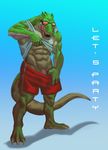  abs anthro barefoot biceps blazingifrit blue_background claws clothed clothing crocodile english_text eyewear glasses league_of_legends male manly muscles open_mouth pecs penis plain_background renekton reptile scalie sharp_claws sharp_teeth shirt shorts solo standing teasing teeth text toe_claws tongue tongue_out vein veiny_penis video_games 