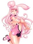  1girl animal_ears blue_eyes blush boots breasts foreshortening goo_girl highres large_breasts melona monster_girl navel one_eye_closed pink_hair queen's_blade smile solo sonota_taisei standing standing_on_one_leg underboob 