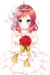  blush bouquet dress elbow_gloves flower fur_collar gloves holding holding_flower looking_at_viewer love_live! love_live!_school_idol_festival love_live!_school_idol_project nishikino_maki off-shoulder_dress off_shoulder purple_eyes red_flower red_hair red_rose ribbon rose sakurai_makoto_(custom_size) simple_background smile solo tiara veil wedding_dress white_background white_dress 