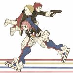  2boys blonde_hair carrying carrying_over_shoulder carrying_under_arm cyborg gun jr. kutta limited_palette m.o.m.o. multiple_boys pink_hair red_hair weapon xenosaga ziggy 