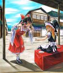  :t apron architecture bent_over black_hair blonde_hair braid detached_sleeves east_asian_architecture eating hair_ribbon hair_tubes hakurei_reimu hat hat_ribbon highres kirisame_marisa koji_(koji-a) long_hair looking_at_another marker_(medium) mary_janes millipen_(medium) multiple_girls nib_pen_(medium) open_mouth plate red_eyes ribbon shikishi shoes short_hair short_sleeves single_braid sitting skirt skirt_set standing touhou traditional_media tress_ribbon village waist_apron witch_hat yellow_eyes 