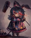  :&lt; animal_ears blood bloody_weapon blue_hair bunny_ears dark dress dripping full_body glowing glowing_eye holding holding_leash holding_weapon kine koto_inari leash long_hair looking_at_viewer mallet puffy_short_sleeves puffy_sleeves red_eyes seiran_(touhou) short_sleeves standing star star_print touhou weapon 