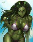  abs artist_name bikini breasts cleavage clenched_hand collarbone green_eyes green_hair green_skin hybridmink jennifer_walters large_breasts leaning_forward long_hair marvel muscle muscular_female she-hulk solo swimsuit upper_body white_bikini 