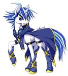  2012 blue_eyes blue_fur blue_hair boots cloak clothing english_text equine eyewear fan_character feral fur goggles hair horn horse mammal my_little_pony plain_background pony skykain smile solo teeth text unicorn white_background white_fur 