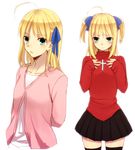  afjc ahoge alternate_hairstyle artoria_pendragon_(all) bad_id bad_pixiv_id black_legwear blonde_hair cosplay fate/stay_night fate_(series) green_eyes long_hair matou_sakura matou_sakura_(cosplay) saber solo thighhighs toosaka_rin toosaka_rin_(cosplay) two_side_up zettai_ryouiki 