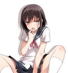  brown_hair grey_eyes neckerchief onjouji_toki saki school_uniform senriyama_school_uniform serafuku shirt short_sleeves sitting skirt solo spread_legs umekichi 