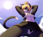  2015 anthro average_(character) blonde_hair blue_eyes cat clothing cloud crown feline female fireflufferz hair looking_at_viewer low-angle_shot mammal perspective riding_crop short skirt sky solo standing sun text tongue tongue_out top upskirt 