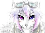  2011 anthro blue_eyes blue_hair close-up clothed clothing english_text eyewear feline fur goggles grey_nose hair heterochromia looking_at_viewer male mammal plain_background purple_eyes purple_hair skykain smile solo text white_background white_fur white_hair 