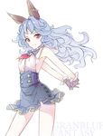  animal_ears arms_behind_back blue_hair brown_eyes bunny_ears copyright_name curly_hair erune ferry_(granblue_fantasy) gloves granblue_fantasy highres interlocked_fingers long_hair looking_at_viewer nijihashi_sora smile solo wind 