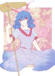  animal_ears belt blue_dress blue_hair bunny_ears dress floral_background flower frilled_sleeves frills kine mallet parted_lips puffy_short_sleeves puffy_sleeves red_eyes sariteru seiran_(touhou) short_sleeves solo touhou twintails 