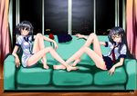  arm_support bare_legs barefoot black_hair bottomless clothes_removed couch curtains feet glasses green_eyes hair_ornament hairclip highres indoors legs long_hair mole multiple_girls okenokoneko original pleated_skirt school_uniform sitting skirt smile soles toenails toes window 