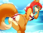  2015 anthro beach bikini blue_eyes butt canine clothing female fox mammal sea seaside smile spazzykoneko swimsuit tongue tongue_out water 