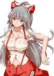  aoi_manabu armpits blush bow breasts fujiwara_no_mokou grey_hair grin hair_bow large_breasts long_hair looking_at_viewer navel red_eyes simple_background smile solo suspenders torn_clothes touhou very_long_hair white_background 
