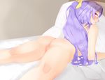  ass bad_id bad_pixiv_id bed blush bow hair_bow lavender_eyes lavender_hair long_hair lying nude on_bed on_stomach ponytail septet_(zrca_janne) solo touhou watatsuki_no_yorihime 