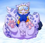  2015 anthro balls black_nose blue_fur blush bottomless claws clothed clothing cute eyewear feline fur gloves goggles half-dressed iggi konami leopard looking_at_viewer male mammal nude ollie paws penis pop&#039;n_music sky snow snow_leopard soles solo toes video_games yellow_eyes young 