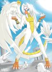  2011 ambiguous_gender anthro avian beak bird blue_eyes chimera claws cloud dove english_text feathers feral hair hybrid jewelry long_hair male nude outside reptile scalie size_difference sky skykain snake text toe_claws white_feathers white_hair yellow_scales 