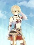  bare_shoulders blonde_hair detached_sleeves fiorun kutta midriff short_hair solo spoilers thighhighs xenoblade_(series) xenoblade_1 