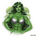  abs absurdres bikini_top breasts cleavage collaboration curly_hair elee0228 eyebrows green_eyes green_hair green_lipstick green_skin hands_on_hips highres jennifer_walters lips lipstick long_hair makeup marvel medium_breasts muscle muscular_female navel nose she-hulk smile solo upper_body 