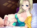  1girl bed bianca blonde_hair blue_eyes blush bracelet braid breasts cape censored cleavage cum cum_on_body cum_on_breasts cum_on_clothes cum_on_lower_body cum_on_upper_body dragon_quest dragon_quest_v dress earrings handjob jewelry kumatora_tatsumi large_breasts legs long_hair looking_at_viewer mosaic_censoring penis pubic_hair sitting smile solo_focus thighs wooden_floor 