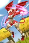  2014 anthro big_breasts breasts claws clothed clothing cloud dragon female grass hair horn house legwear long_hair magic outside red_eyes red_scales scalie sky skykain solo spikes sun white_hair wings 