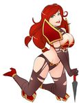 akasha_the_queen_of_pain armor bikini_armor black_gloves black_legwear breasts cleavage cosplay elbow_gloves full_body gloves greenmarine high_heels knee_pads kneeling kunai large_breasts league_of_legends lipstick long_hair makeup multi-tied_hair pauldrons red_footwear red_hair sarah_fortune shoes smile solo thighhighs v_arms weapon 
