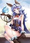  animal_ears bare_legs belt blue_hair breasts brown_eyes brown_gloves bunny_ears crossed_legs erune ferry_(granblue_fantasy) ghost gloves granblue_fantasy head_tilt high-waist_skirt highres long_hair miniskirt nobori_ranzu sideboob sitting skirt small_breasts underbust wavy_hair whip 