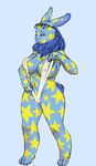  2015 anthro big_breasts blue_fur blush breasts clothing color colored cybunny eyeshadow eyewear female fur lagomorph looking_at_viewer makeup mammal neopets nipples plain_background rabbit revealing smile solo sunglasses undressing unknown unknown_artist 