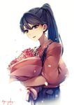  black_eyes black_hair bouquet carnation flower hair_between_eyes hair_ornament holding houshou_(kantai_collection) japanese_clothes kantai_collection kimono kyouya_(mukuro238) long_hair looking_at_viewer mother's_day ponytail red_carnation red_flower tasuki 