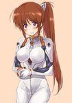  ahoge ayanami_rei ayanami_rei_(cosplay) bangs blush bodysuit bracer breasts brown_hair clenched_teeth cosplay cowboy_shot gloves hands_clasped headgear highres impossible_bodysuit impossible_clothes interlocked_fingers large_breasts long_hair looking_at_viewer lyrical_nanoha mahou_shoujo_lyrical_nanoha_strikers neon_genesis_evangelion nervous number own_hands_together plugsuit purple_eyes raised_eyebrows shirogane_(fox) side_ponytail sidelocks simple_background solo sweatdrop takamachi_nanoha teeth thigh_gap turtleneck very_long_hair white_bodysuit 