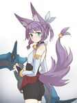  animal_ears aqua_eyes ass bare_shoulders bell bell_collar bike_shorts blush bridal_gauntlets cloud_kingdom collar detached_sleeves flat_chest fox_ears fox_tail huge_weapon looking_at_viewer miniskirt original pas_(paxiti) purple_hair sanka_(pas) short_hair shorts shorts_under_skirt skirt solo tail tail_ornament two_side_up weapon 