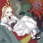  2boys antenna_hair blonde_hair blue_eyes boots bored crossed_legs crown cyberbots devilot_de_deathsatan_ix dr_stein dress forehead hair_slicked_back jigoku_daishi long_hair multiple_boys season_(artist) sitting skull throne 