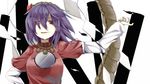  breasts hair_ornament highres large_breasts long_sleeves looking_at_viewer mirror outstretched_arm puffy_short_sleeves puffy_sleeves purple_hair red_eyes rope shimenawa shirt short_over_long_sleeves short_sleeves smirk solo touhou upper_body yamato_(muchuu_paradigm) yasaka_kanako 