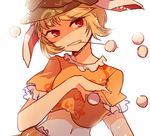  animal_ears backlighting blonde_hair bunny_ears crop_top dango flat_cap floppy_ears food grin hat highres looking_at_viewer midriff mouth_hold navel orange_shirt puffy_short_sleeves puffy_sleeves red_eyes ringo_(touhou) shirt short_sleeves skewer skirt smile solo touhou wagashi yetworldview_kaze 