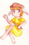  animal_ears blonde_hair bunny_ears dango dungeon_toaster food highres looking_at_viewer red_eyes ringo_(touhou) self_upload shirt short_hair skewer solo touhou traditional_media wagashi 