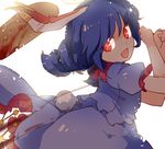  animal_ears backlighting blue_hair bunny_ears bunny_tail ear_clip highres kine looking_at_viewer mallet open_mouth ponytail puffy_short_sleeves puffy_sleeves red_eyes seiran_(touhou) shirt short_sleeves skirt skirt_set smile solo tail touhou yetworldview_kaze 