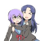  asakura_ryouko blue_hair blush brown_eyes cardigan closed_eyes glasses hug kita_high_school_uniform long_hair multiple_girls nagato_yuki nagato_yuki-chan_no_shoushitsu sakaroshi school_uniform serafuku short_hair smile suzumiya_haruhi_no_shoushitsu suzumiya_haruhi_no_yuuutsu 