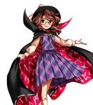  bow brown_eyes brown_hair cape clothes_writing glasses harukawa_moe hat hat_bow long_sleeves looking_at_viewer official_art open_mouth plaid plaid_shirt plaid_skirt shirt short_hair skirt socks solo touhou transparent_background twintails urban_legend_in_limbo usami_sumireko 