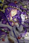  circlet closed_eyes dress earrings elbow_gloves gloves highres jewelry long_hair lying on_back pointy_ears princess_hilda purple_hair sleeping solo staff the_legend_of_zelda the_legend_of_zelda:_a_link_between_worlds 