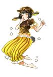  animal_ears barefoot black_hair bunny_ears bunny_tail dango eating flat_cap floppy_ears food hat highres looking_at_viewer midriff navel puffy_short_sleeves puffy_shorts puffy_sleeves ringo_(touhou) shigureru shirt short_sleeves shorts skewer solo tail touhou wagashi yellow_eyes 