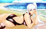  aircraft_carrier_oni alternate_skin_color ass beach blush breasts butt_crack cleavage earrings highres jewelry kantai_collection karakure_(kamo-nanban) large_breasts lips long_hair lying outdoors red_eyes shinkaisei-kan side_ponytail silver_hair sparkle swimsuit water 