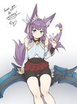  animal_ears aqua_eyes bare_shoulders bell bell_collar bike_shorts bridal_gauntlets cloud_kingdom collar cowboy_shot detached_sleeves flat_chest fox_ears fox_tail huge_weapon looking_at_viewer miniskirt original pas_(paxiti) purple_hair sanka_(pas) short_hair shorts shorts_under_skirt sitting skirt solo tail tail_ornament thank_you two_side_up v weapon 