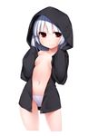  blush breasts cropped_legs highres hood hoodie looking_at_viewer moegi_nenene naked_hoodie navel no_bra original panties red_eyes short_hair simple_background small_breasts smile solo underwear white_background white_hair white_panties 