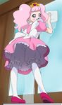  bloomers go!_princess_precure haruyama_kazunori looking_at_viewer looking_back maid pantyhose personification pink_eyes pink_hair pink_skirt precure puff_(go!_princess_precure) puff_(go!_princess_precure)_(human) skirt solo twintails underwear upskirt white_bloomers white_legwear 