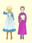  anne_of_green_gables anne_shirley book boots braid brown_eyes brown_hair cross-laced_footwear facing_away hakama hanako_to_anne hat holding holding_book japanese_clothes kimono knee_boots lace-up_boots mai_(4646351) meiji_schoolgirl_uniform multiple_girls muraoka_hanako pen_(medium) ribbon simple_background smile twin_braids world_masterpiece_theater yellow_background 